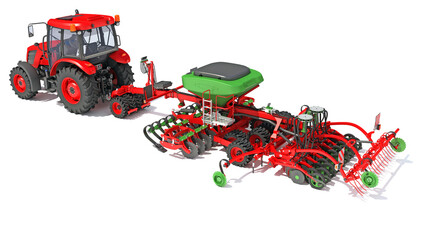 Tractor with Seed Drill farm equipment disc harrow 3D rendering on white background - obrazy, fototapety, plakaty