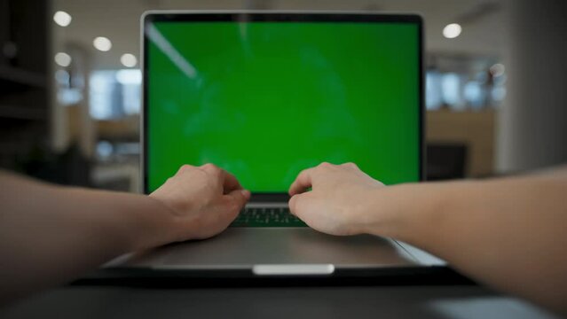 Closeup businesswoman arms texting green screen laptop office. Director working