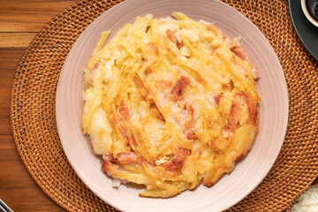 Korean pancake or Pajeon, Korean  dish made from egg and wheat flour with Potato bacon.Traditional korean food.