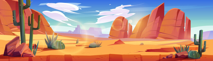 Fototapeta na wymiar Desert of Africa or Wild West Arizona natural landscape. Cartoon panoramic background, game location with land cross section, yellow sand, cacti, rocks under blue sky with clouds, vector illustration