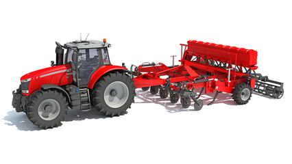 Tractor with Seed Drill farm equipment disc harrow 3D rendering on white background - obrazy, fototapety, plakaty