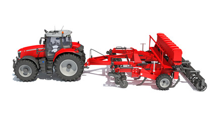 Tractor with Seed Drill farm equipment disc harrow 3D rendering on white background
