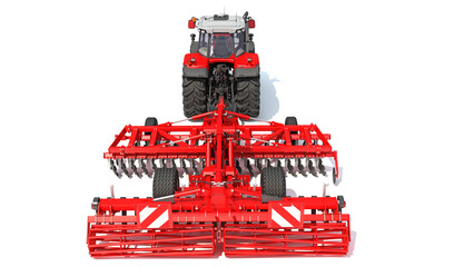 Naklejka premium Tractor with Seed Drill farm equipment disc harrow 3D rendering on white background