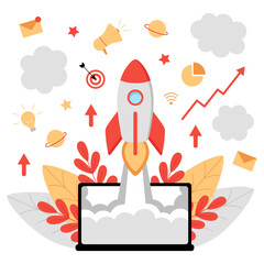 Product launch. Business start up, startup. Presentation of a commercial project. Search for investors, investment fund. The rocket flies from the laptop screen. New company. Entrepreneurship.