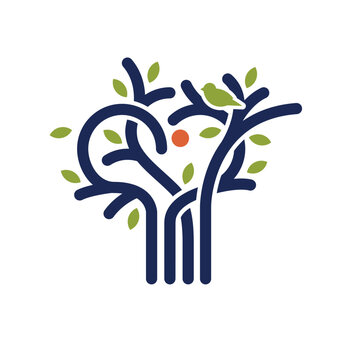 Logo Brand image of a heart shaped tree with a bird and fruit