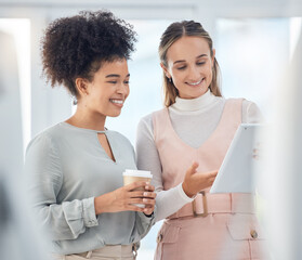 Business woman, tablet or teamwork collaboration in digital marketing office, advertising startup...