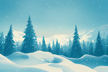 Fototapeta na wymiar Landscape graphic design for winter season. snow field on the hill and Christmas tree forest. Poster card cover wallpaper background.