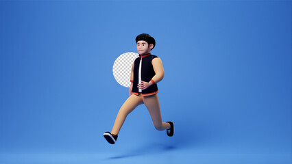 Casual man cartoon character running gesture, 3d render blue backdrop