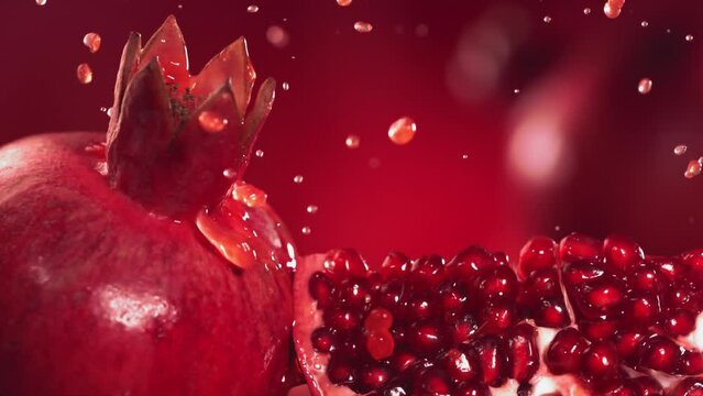 Slow Motion Shot of Pomegranate Juice Splashing through Pomegranate Slices