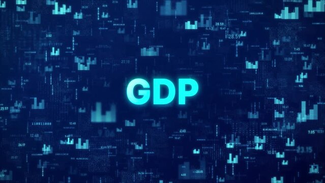 GDP Concept over animated financial background with chart, numbers and matrix codes