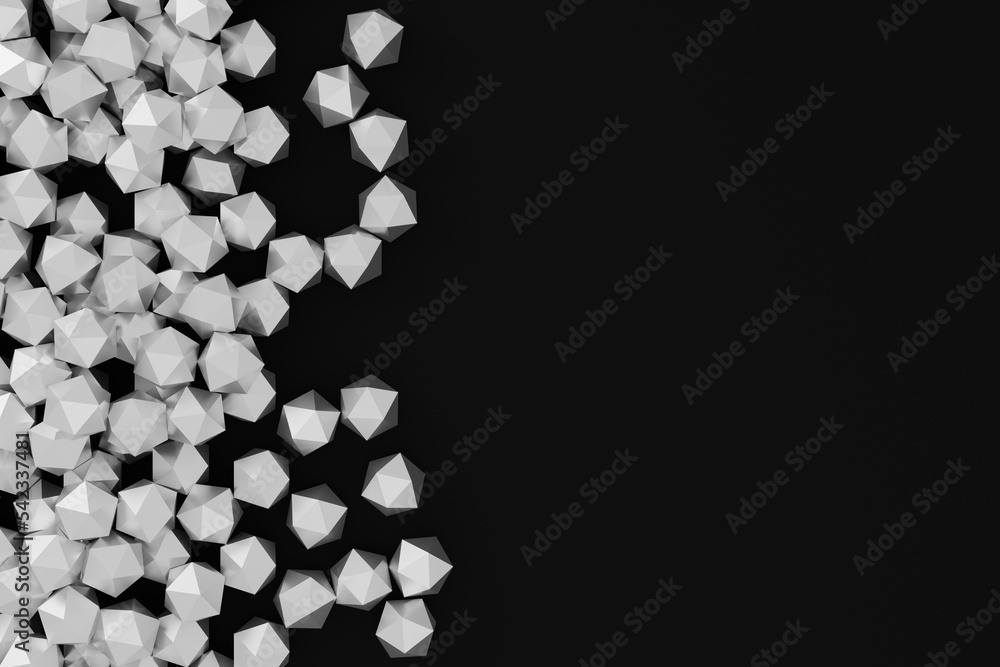 Poster polygons with glittering triangle faces, abstract business illustration, black and white background 