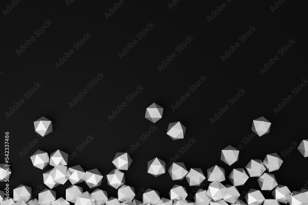 Poster polygons with glittering triangle faces, abstract business illustration, black and white background 