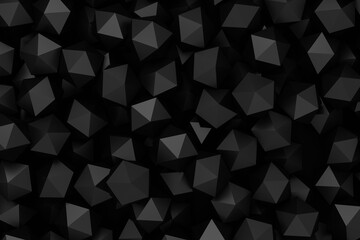 Polygons with glittering triangle faces, abstract business illustration, black and white background, 3D rendering