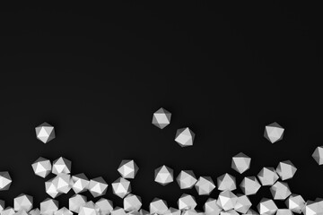 Polygons with glittering triangle faces, abstract business illustration, black and white background with space for text, copy space on a solid surface, 3D rendering