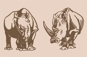 Vector set of rhinoceroses . Stylish vintage print elements, savanna habitant on sepia background