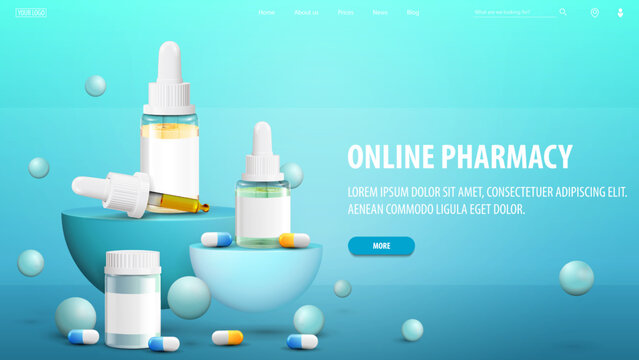 Online pharmacy, blue banner for website with semicircular pedestals with medications and bouncing spheres around.