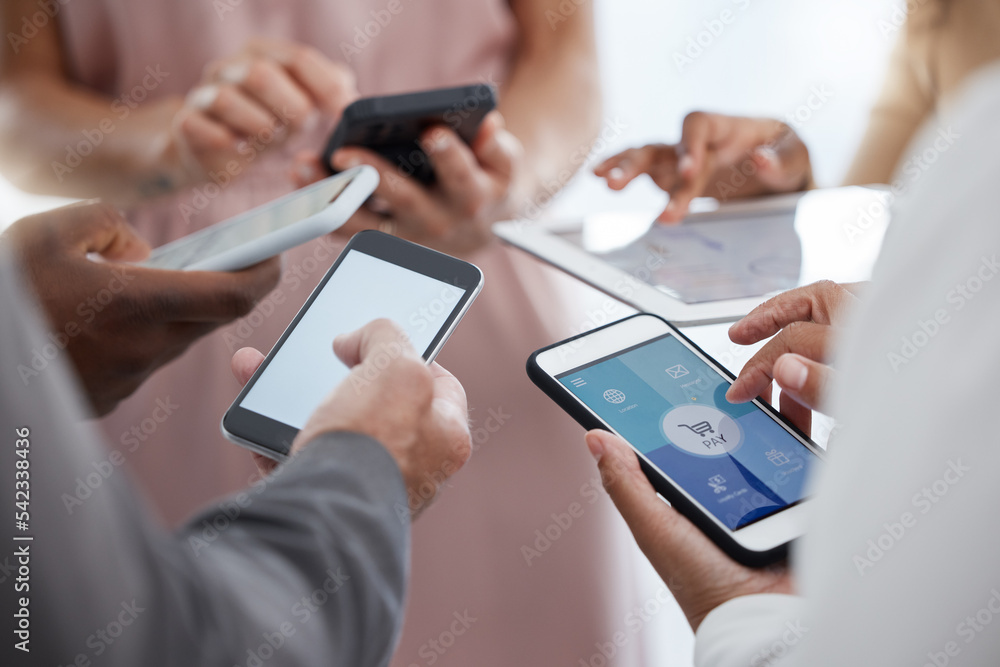 Aufkleber hands, phone and collaboration in networking, marketing or communication together with technology at
