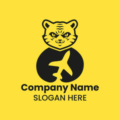 Tiger Travel Logo Negative Space Concept Vector Template. Panther Holding Airplane Symbol