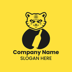 Tiger Wine Bottle Logo Negative Space Concept Vector Template. Panther Holding Wine Bottle Symbol