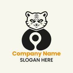 Tiger Location Logo Negative Space Concept Vector Template. Panther Holding Location Symbol