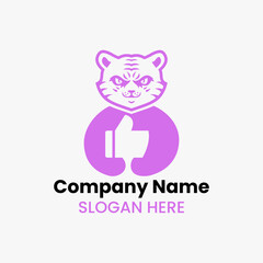 Tiger Thumbs Up Logo Negative Space Concept Vector Template. Panther Holding Like Symbol
