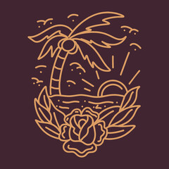 Premium Monoline sea ​​wave Vector illustration, sunrise ocean badge, creative emblem for T-shirt Design