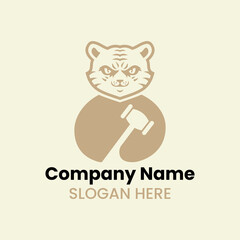 Tiger Law Logo Negative Space Concept Vector Template. Panther Holding Hammer Symbol