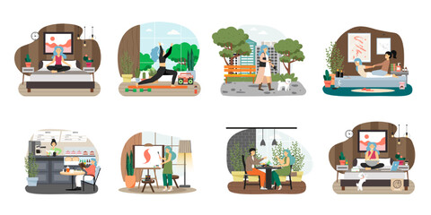Daily life routine vector scene isolated set
