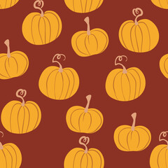 Seamless pattern with halloween pumpkins on color background. Scary and funny faces. Cute Pumpkin or ghost. Vector autumn holidays illustration
