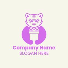 Tiger Giftbox Logo Negative Space Concept Vector Template. Panther Holding Gift Box Symbol