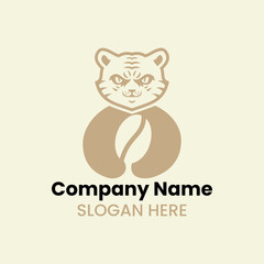 Tiger Coffee Logo Negative Space Concept Vector Template. Panther Holding Coffee Symbol