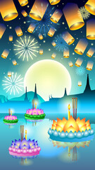 Obraz premium Loy Kratong Thailand festival - Lights traditional celebration full moon with floating lotus candles, midnight blue sky, lantern and river on night background vector illustration.