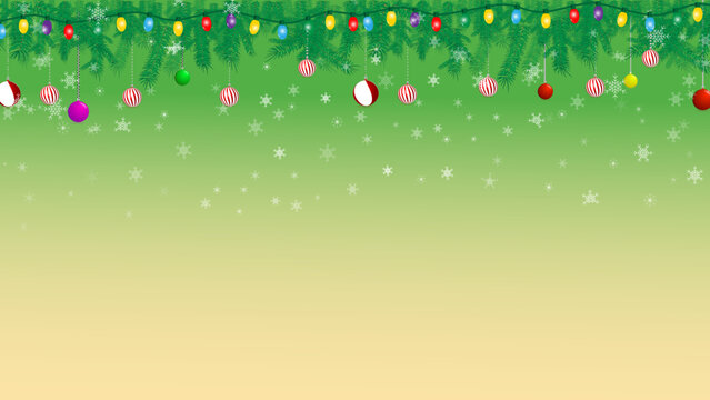 Colorful Merry Christmas greeting card with fir, snow, and Christmas ball, winter holiday greeting card celebration gradient green and yellow background illustration, perfect for backdrop, wallpaper