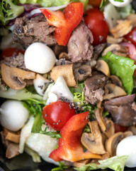 Raw vegetable salad with colorful cauliflower, lettuce, bell peppers, mozzarella, tomatoes and fried chicken liver. selective focus
