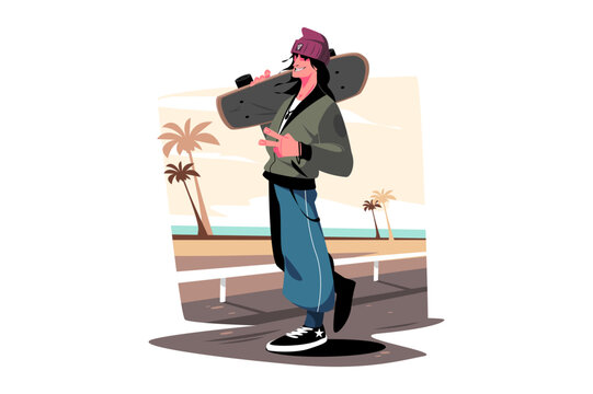 Young hip hop guy holding skate on shoulder