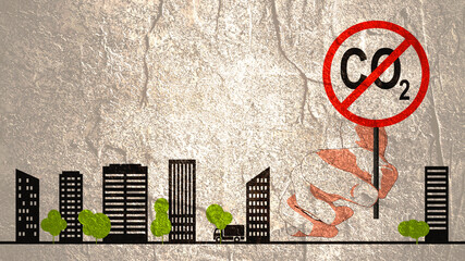 Hand holding prohibition road sign with carbon dioxide formula. Global warming concept. City panoramic view