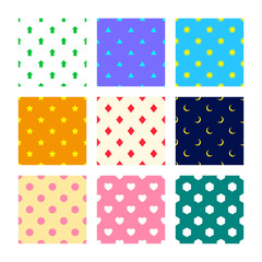 Naklejka premium bundle set vector files repeatable seamless pattern of up arrow, triangle, sun, star, diamond, eclipse, polka dot, love and hexagon shape