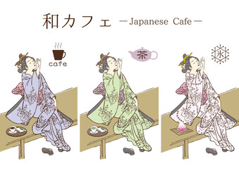 甘味を頬張る日本女性　和カフェ　カフェ　喫茶店　日本画　美人画　浮世絵　