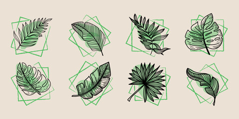 A set of tropical elements tropical monster leaves, banana leaves, etc. Hand-drawn doodle-style elements. Bright greens in abstract squares on beige light background. Tropics. Summer. © Happy_KrisMax