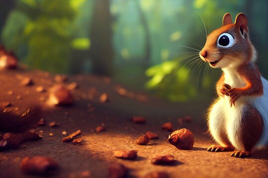 Cartoon illustration of cute and adorable squirrel in the woods, Ai generated image