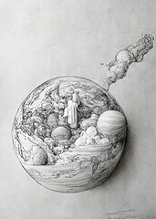 Universe inside a sphere. Black and white sketch.