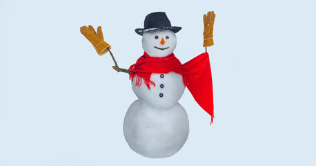 Christmas background with snowman. Funny snowmen. Happy smiling snow man banner.