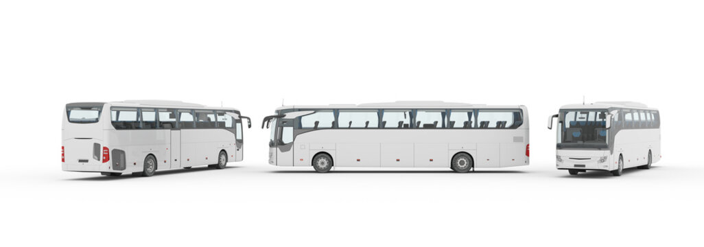 3D rendering bus set with blank surface for mockup branding, Coach Bus Mock-Up 3D illustration, Coach 3D Bus Front, Back, and Side view Isolated on white