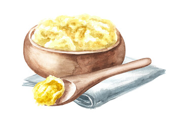 Melted butter in a wooden bowl. Hand  drawn watercolor illustration isolated on white background