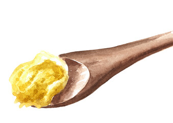 Melted butter in a wooden spoon. Hand  drawn watercolor illustration isolated on white background