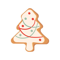 Gingerbread New year cookies, Christmas tree. New Year Ginger classic decorated cookie. Holiday winter symbols. Vector color illustration isolated on white background