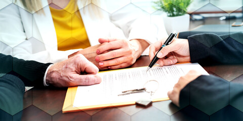 Realtor giving explanation to a couple about terms of investment contract (lorem ipsum text used), geometric pattern