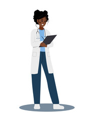Naklejka na ściany i meble Female doctor writing medical prescription. African therapist in uniform holding clipboard with recipe for patient. Healthcare, treatment and pharmacy concept. Vector illustration in cartoon style.