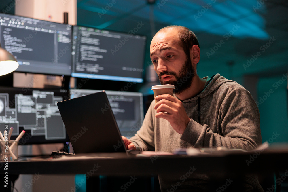 Poster overworked coder drinking coffee cup and programming html script in office after hours, enjoying caf