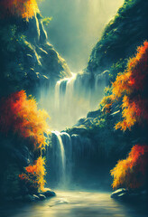 Fototapeta na wymiar Beautiful Waterfall in Fariytale, Illustration of Natural Lush Vegetation. Masterpiece Art Background.
